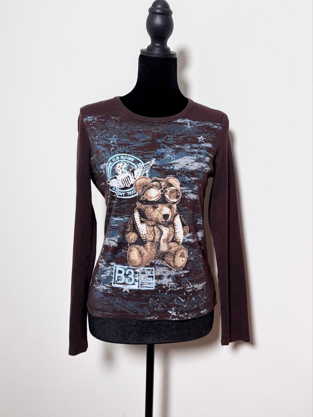 Vtg Y2K Cache Cache Brown Teddy Bear Print Long Sleeve Thermal Top